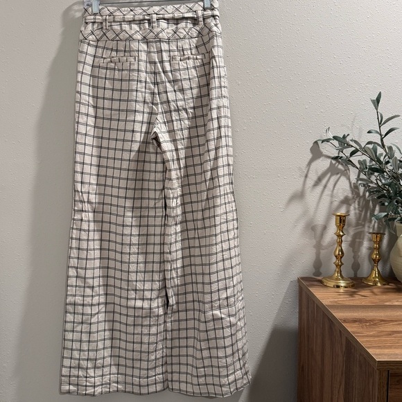 Anthropologie Size 2 Cream Black Windowpane Wide Leg Trouser Pants Linen Blend - Picture 2 of 7